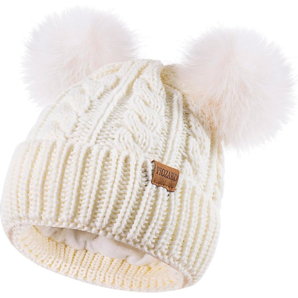 🔥Piozaed Faux Fur Pom Women White Soft Knit Beanie Warm Fleece Lining Skull Hat